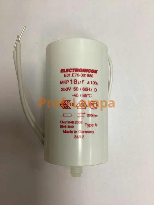 Конденсатор Electronicon E01.E70-301850 MKP 18mF 250V 50/60Hz -40/85°C M8х10 провода-200mm