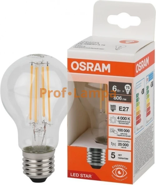 Лампа OSRAM LED Retrofit CLASSIC A 75 FIL CL 6W/840 E27 A60 4000K